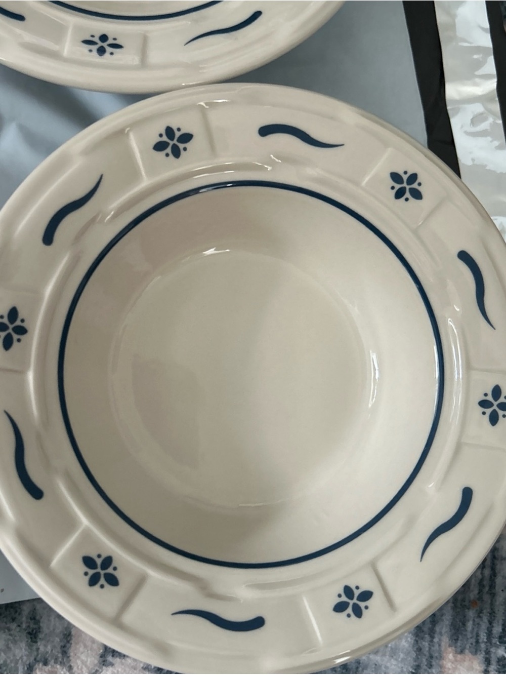 Longaberger White Ceramic Bowl with Blue Floral and Woven